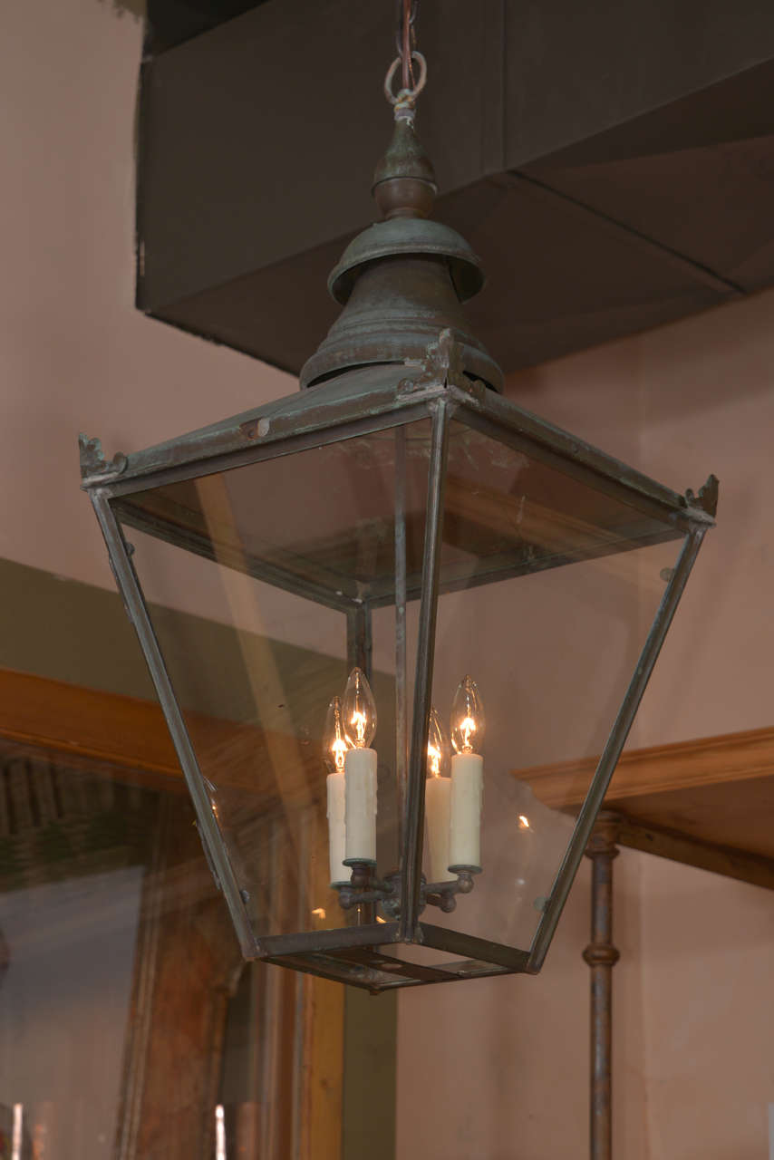 19th c. Copper lantern .
Has been wired for USA for quantity of
four candelabra size bulbs
