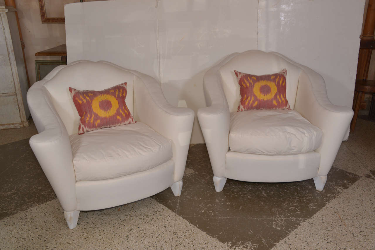 Pair 1940's French style bergere with down 
cushions and white washed feet.
Chairs can be customized in customers own fabric.
Chairs may also be sold separately
23