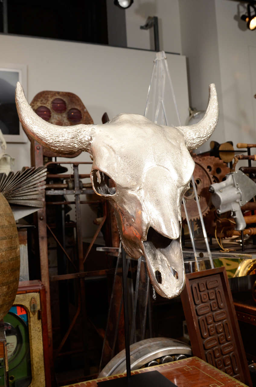 This amazing sculpture is realistic casting of a bison skull made of all Aluminum. We mounted it on custom stand even though it can also be wall mounted.
