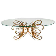 French Brass Coffee Table with Oval Glass Top