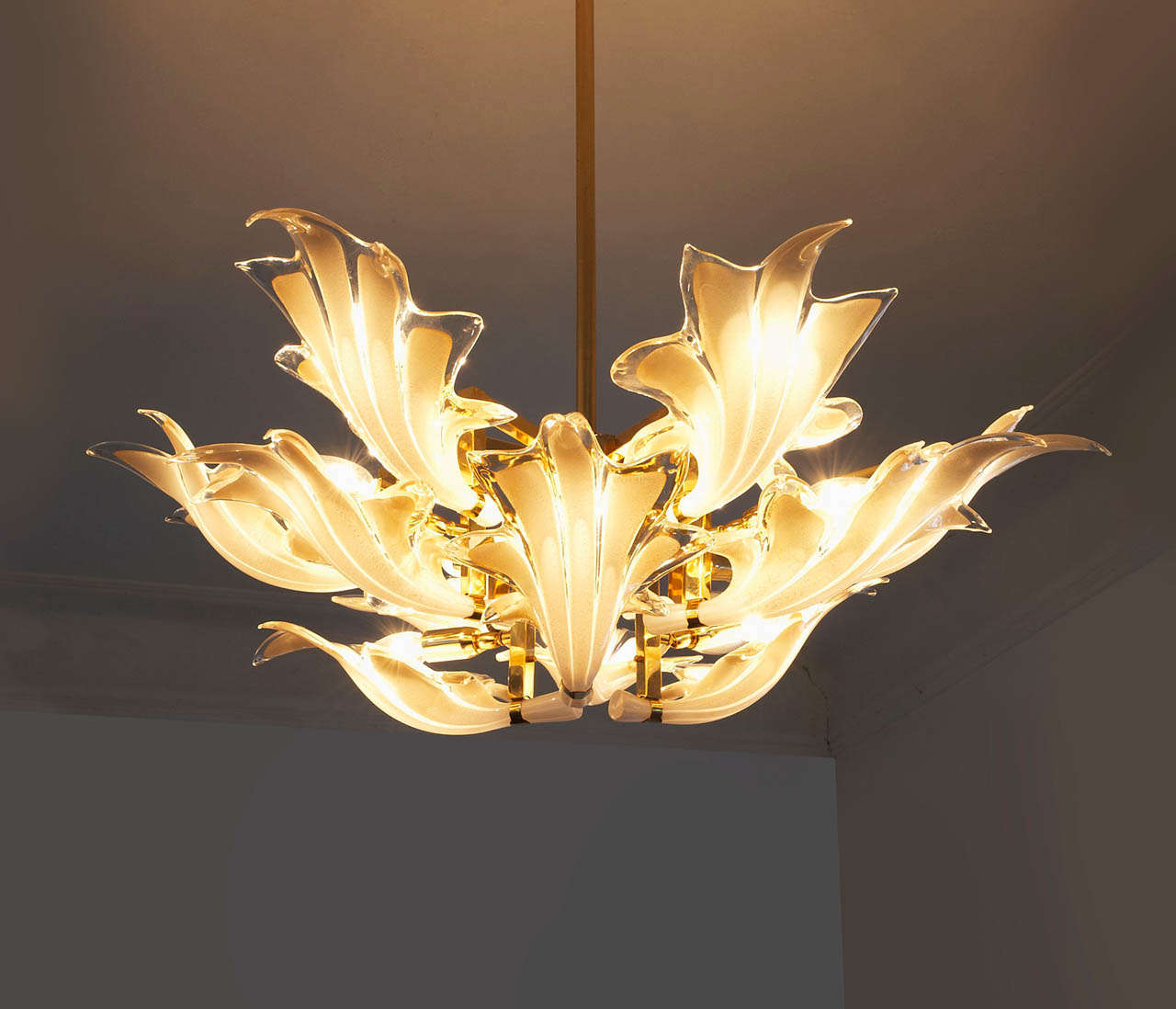 Organic Brass Chandelier With Glass Flower Leaves For Sale at 1stDibs