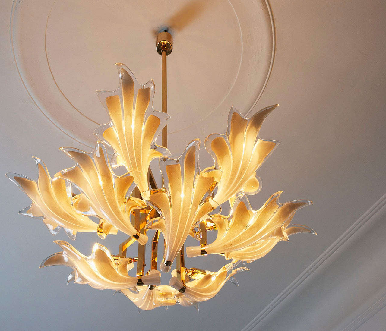 Organic Brass Chandelier With Glass Flower Leaves For Sale at 1stDibs