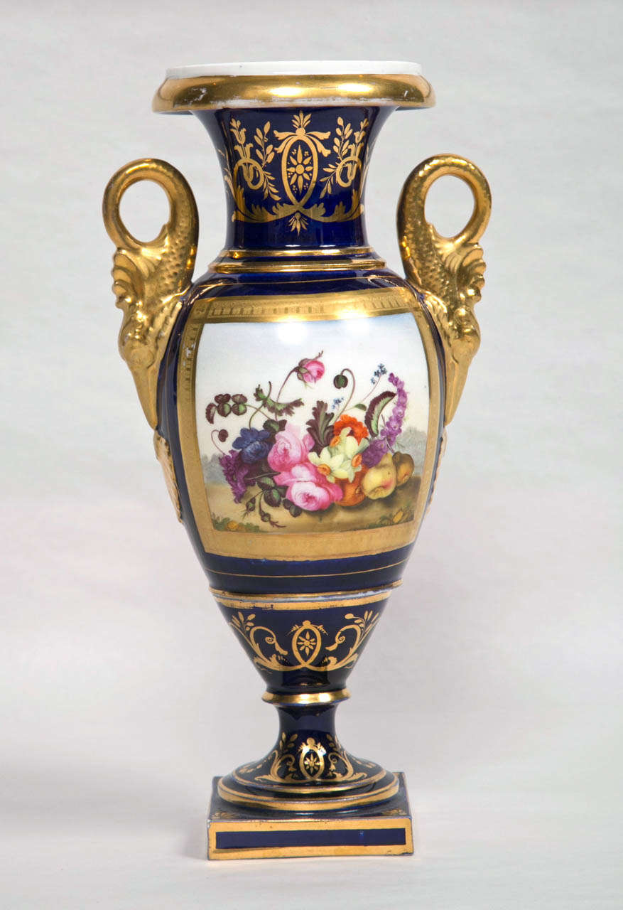 Early English 19th c Blue and Gilt Vase with Painted Fruit Design 3