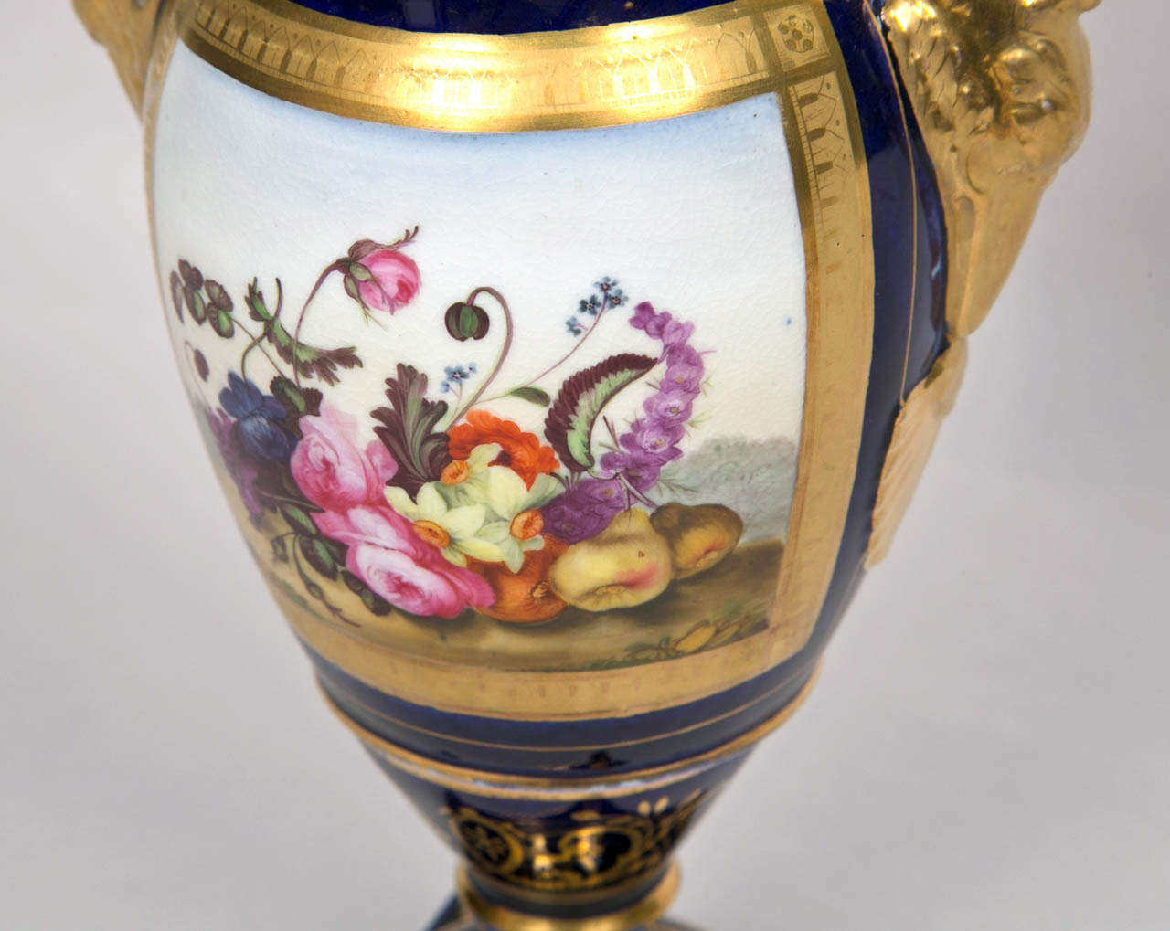 British Early English 19th c Blue and Gilt Vase with Painted Fruit Design