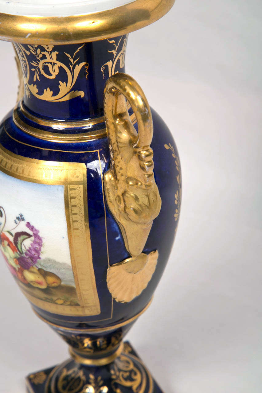 Early English 19th c Blue and Gilt Vase with Painted Fruit Design In Excellent Condition In Stamford, CT