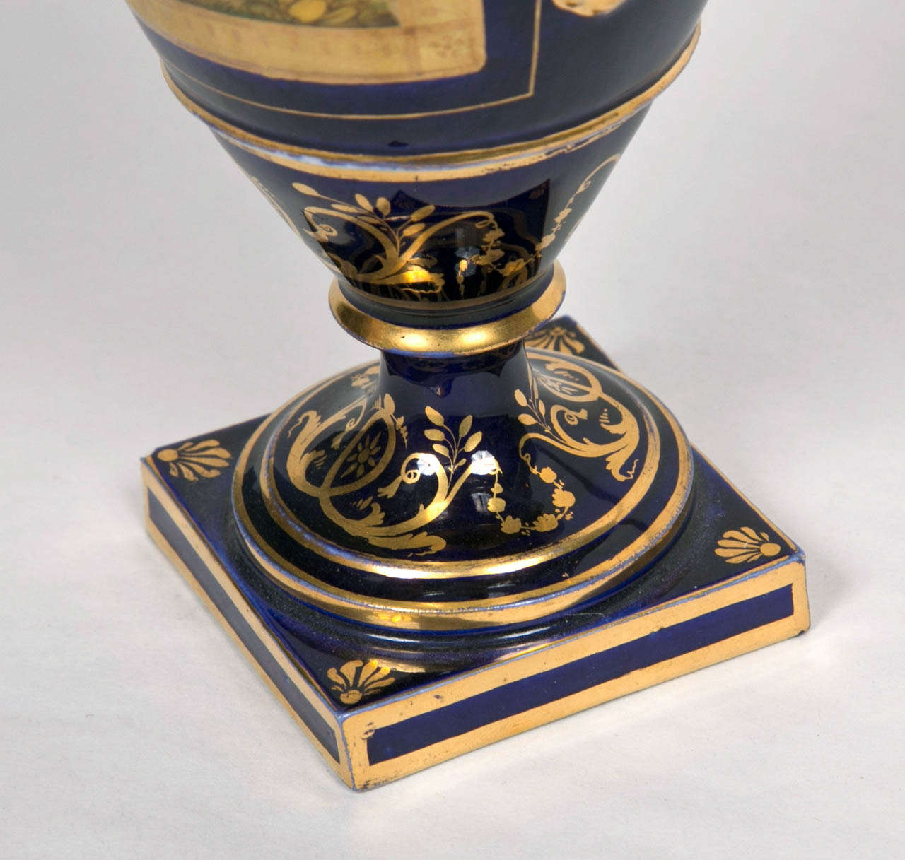 19th Century Early English 19th c Blue and Gilt Vase with Painted Fruit Design