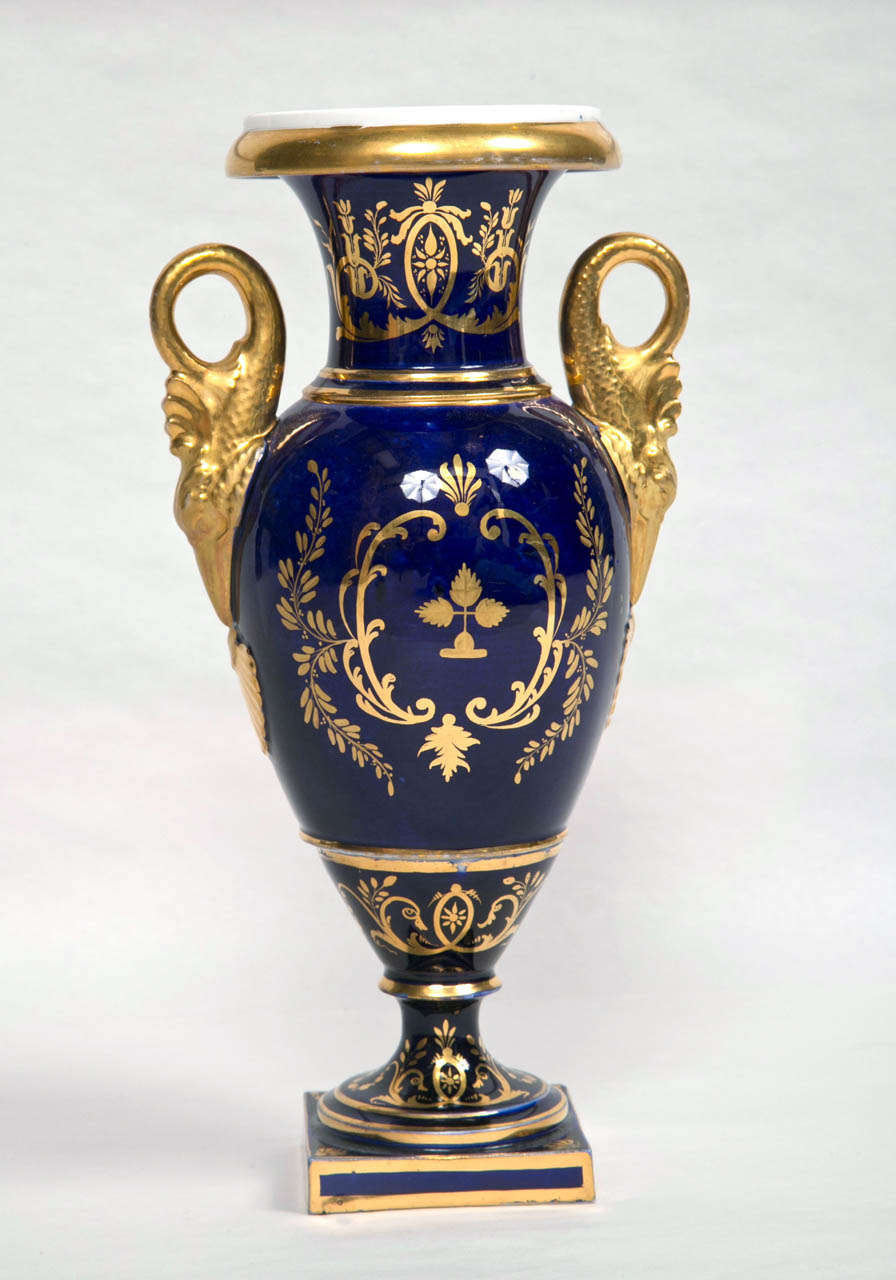Early English 19th c Blue and Gilt Vase with Painted Fruit Design 1