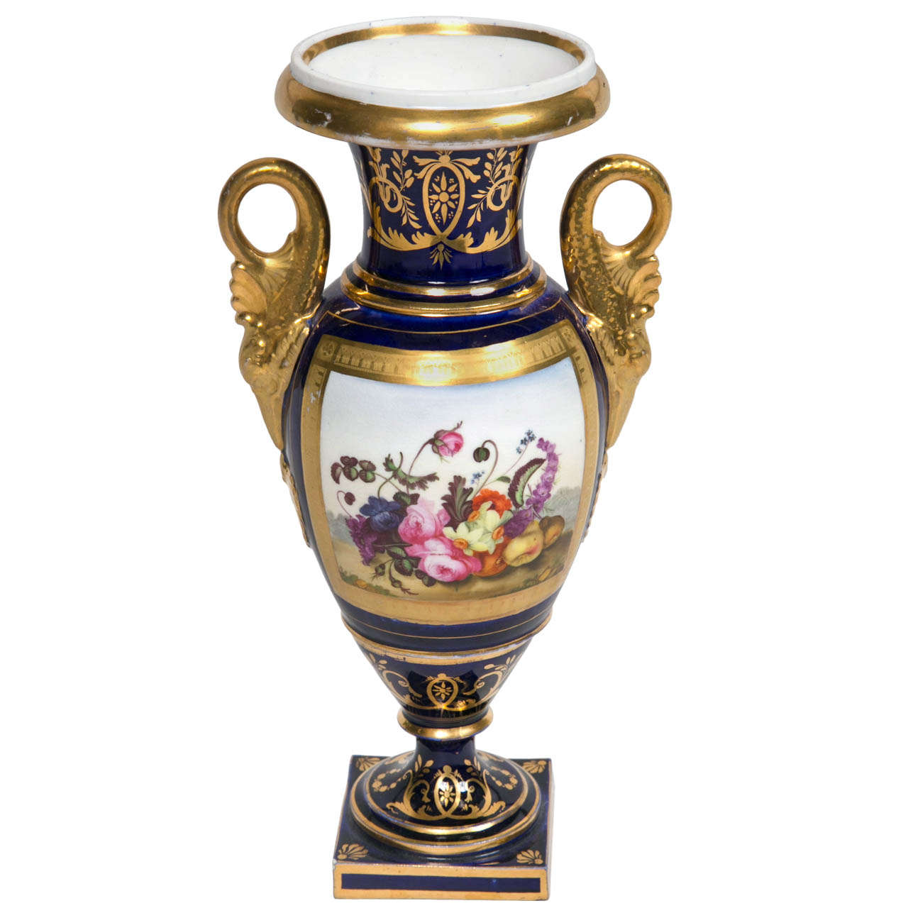 Early English 19th c Blue and Gilt Vase with Painted Fruit Design