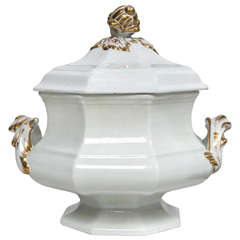 John Ridgway White & Gilt Ironstone Octagonal Soup Tureen & Lid