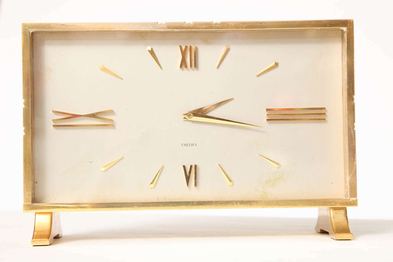 Decorative desk clock by Chelsea manufacturer, circa 1950. Chelsea started in 1897 in MA and is still in business. They make very good high end products.