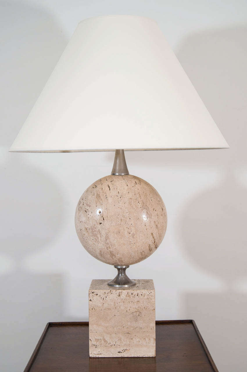 Travertine and Metal Geometric Table Lamp, France, circa 1970s