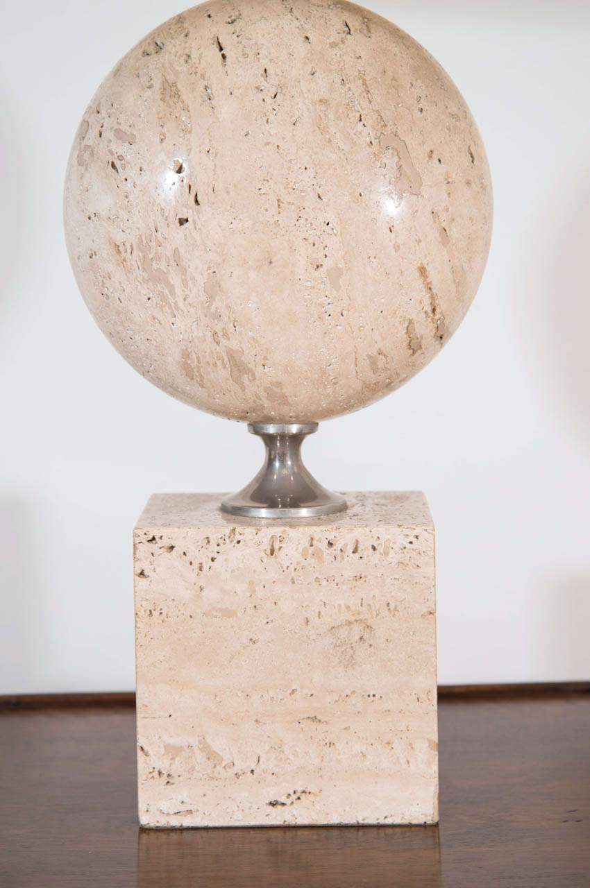 French Travertine and Metal Geometric Table Lamp, France, circa 1970s