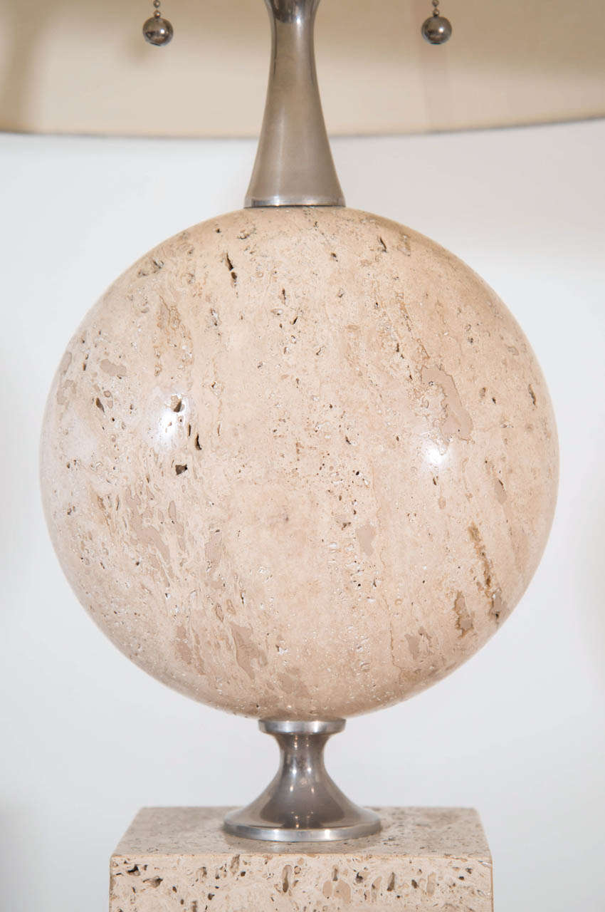 Travertine and Metal Geometric Table Lamp, France, circa 1970s In Excellent Condition In New York, NY