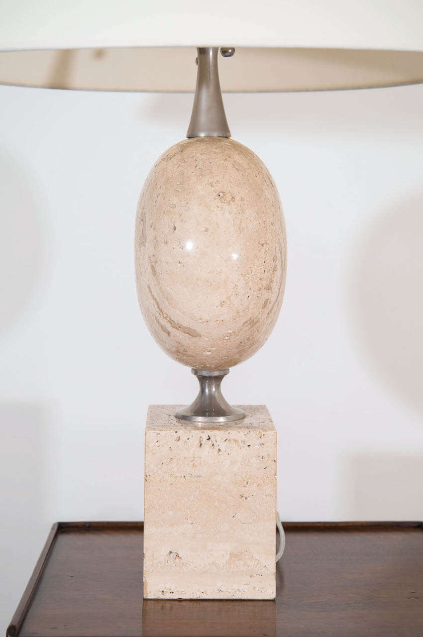 Late 20th Century Travertine and Metal Geometric Table Lamp, France, circa 1970s