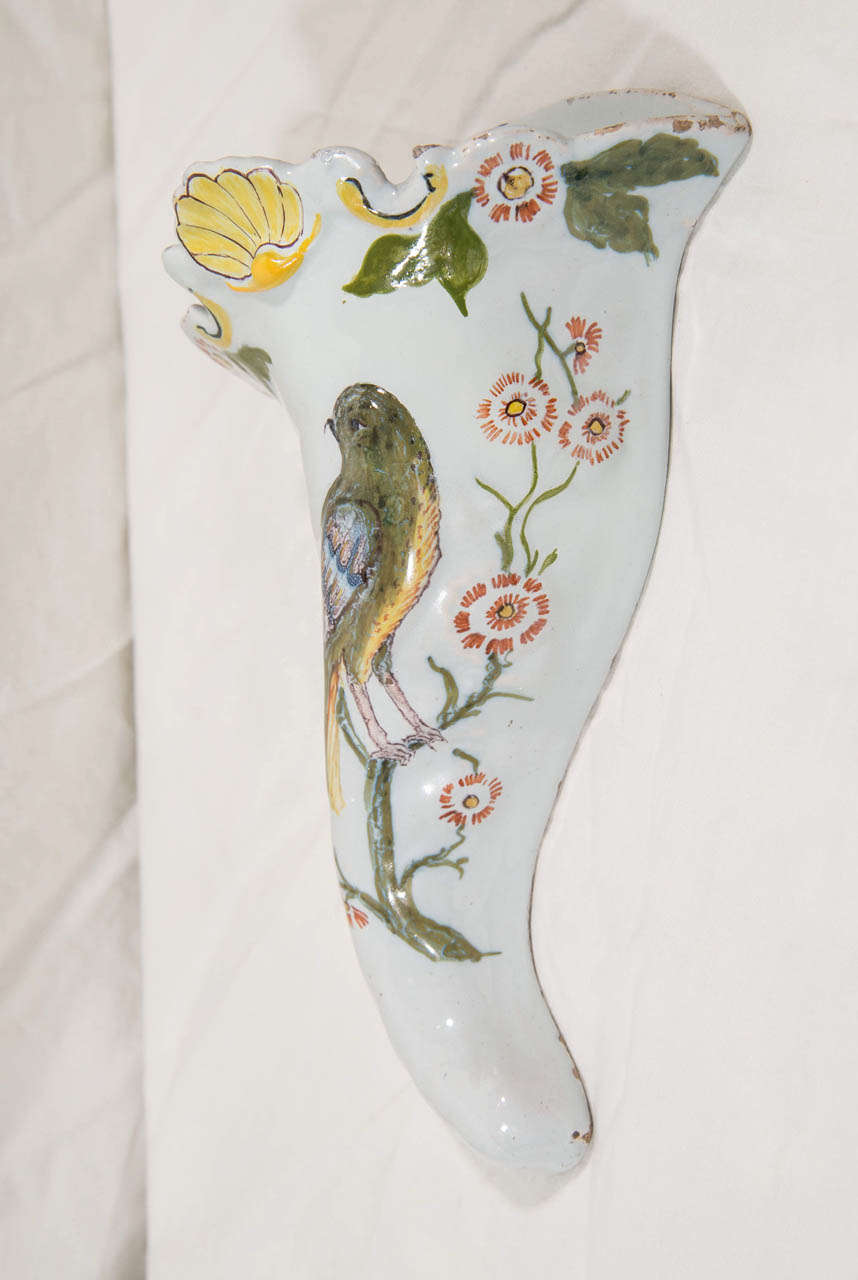 Folk Art Antique English Delft Wall Pockets Painted with Birds Made circa 1760