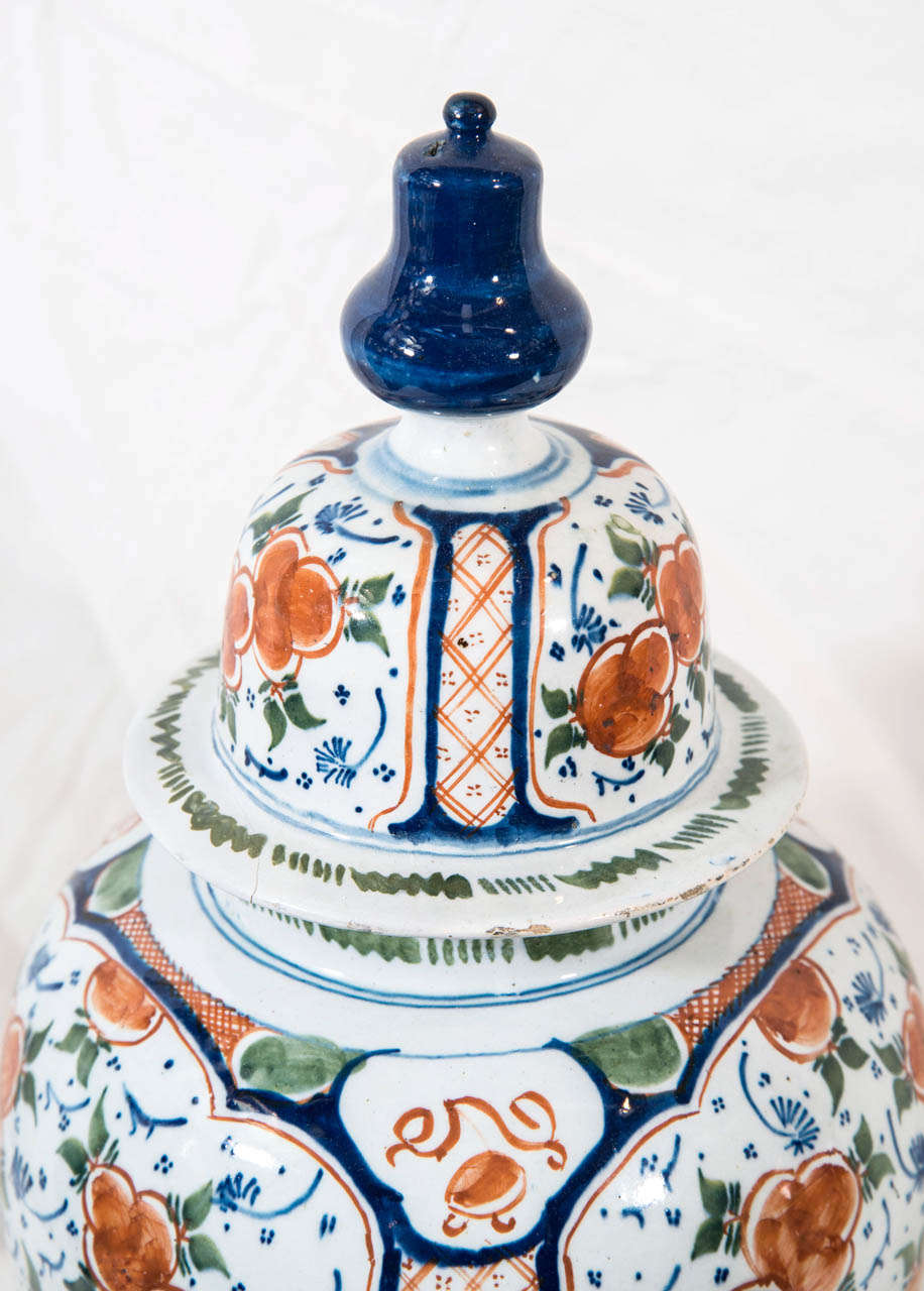 A Pair of Dutch Delft Polychrome Covered Jars 4