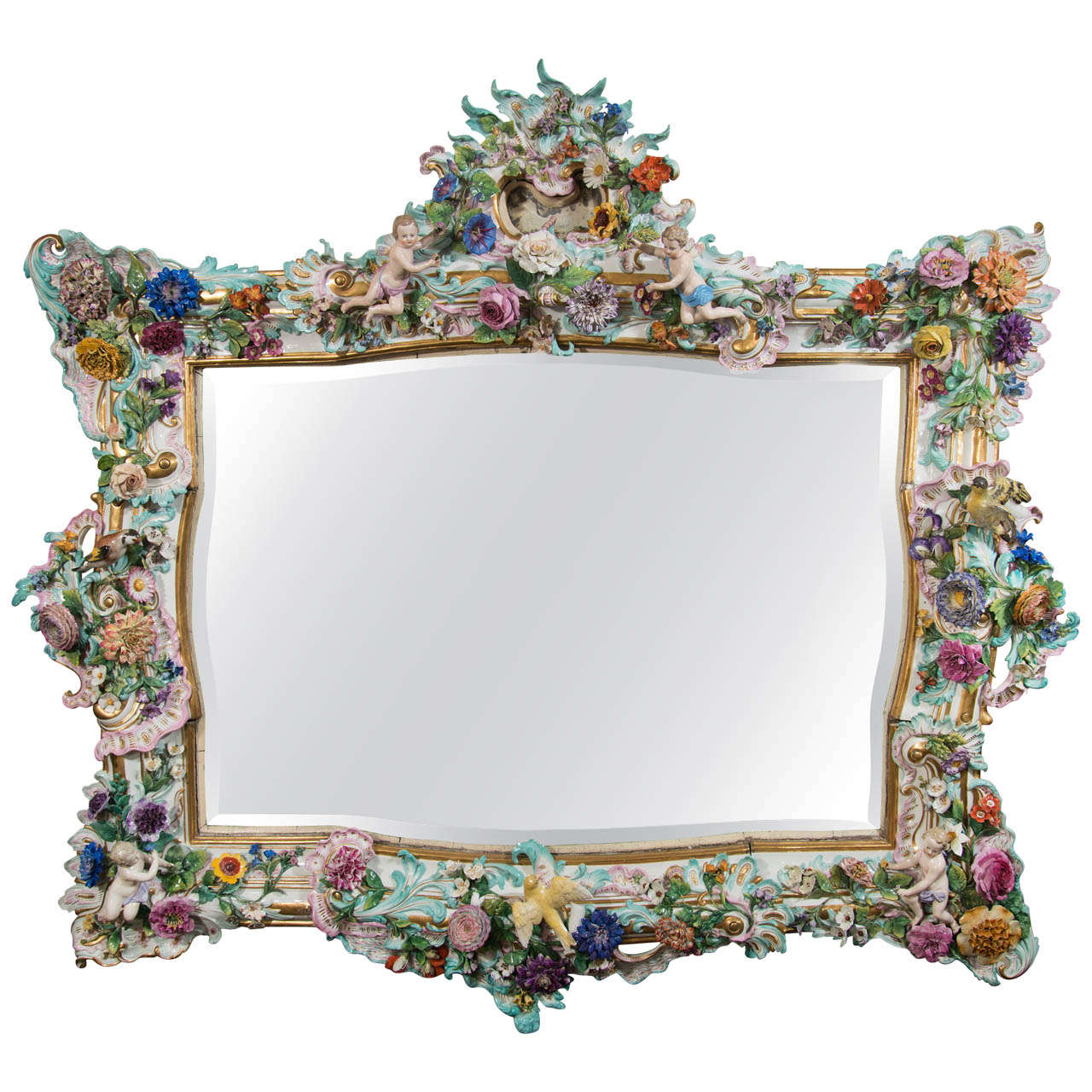 A Highly Important Antique German Meissen Porcelain Figural Mirror, 19th Century For Sale