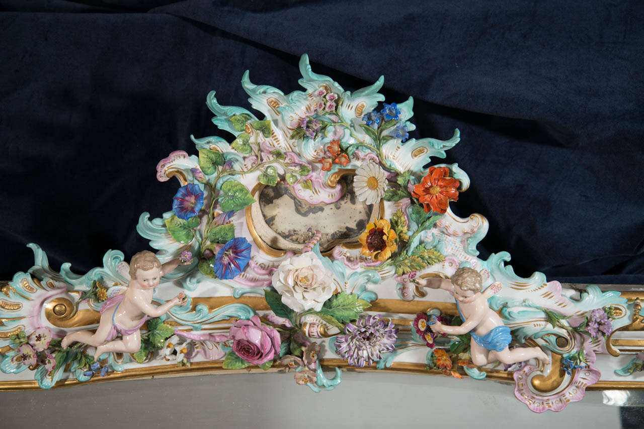 Rococo A Highly Important Antique German Meissen Porcelain Figural Mirror, 19th Century For Sale
