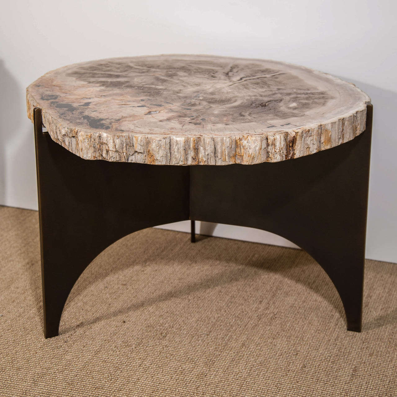 American Grey Petrified Wood and Antique Bronze Occasional Table, Designed by Eric Appel For Sale