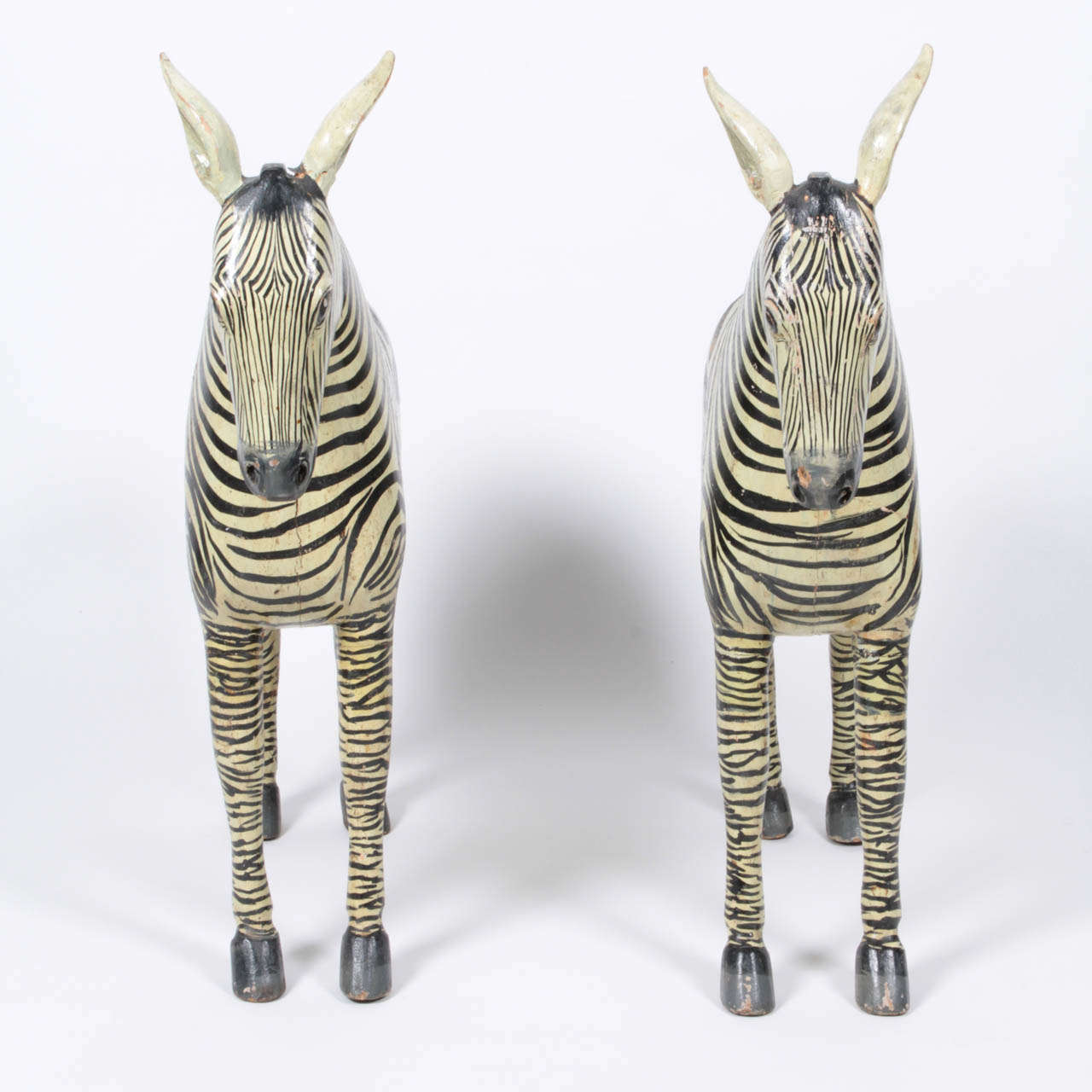 A very nice pair of carved wood and painted Zebras, Circa 1900 - 1910, possibly Burmese. Original paint.