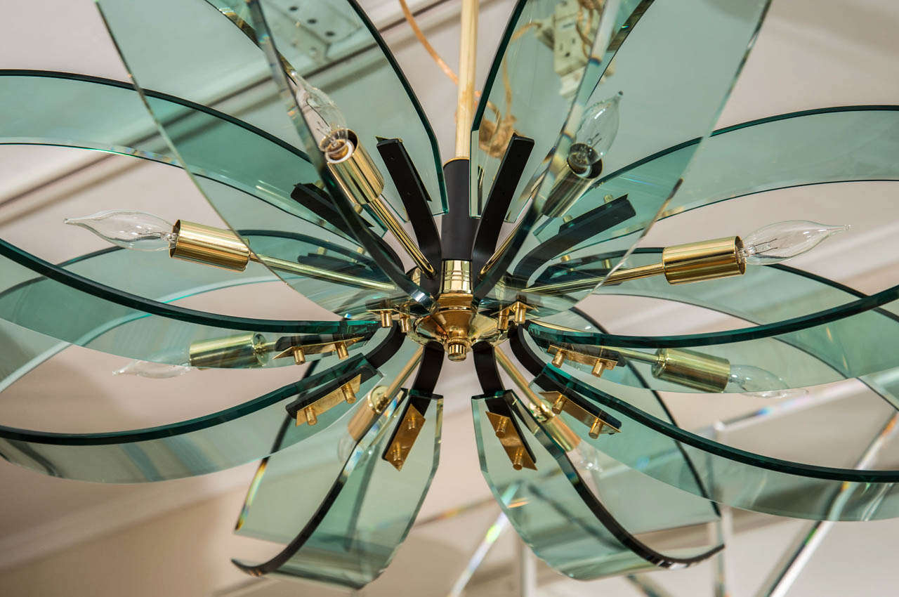 Mid-Century Modern Eight Light Green Glass Strip Chandelier