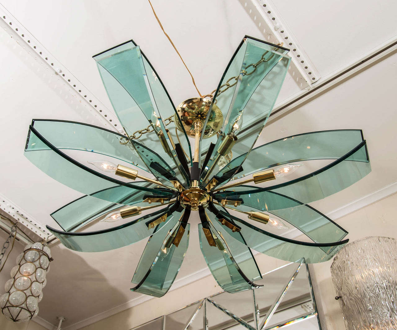 Eight Light Green Glass Strip Chandelier In Good Condition In New York, NY