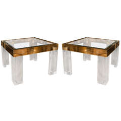 Pair of Square Brass, Lucite and Glass Side Tables 5