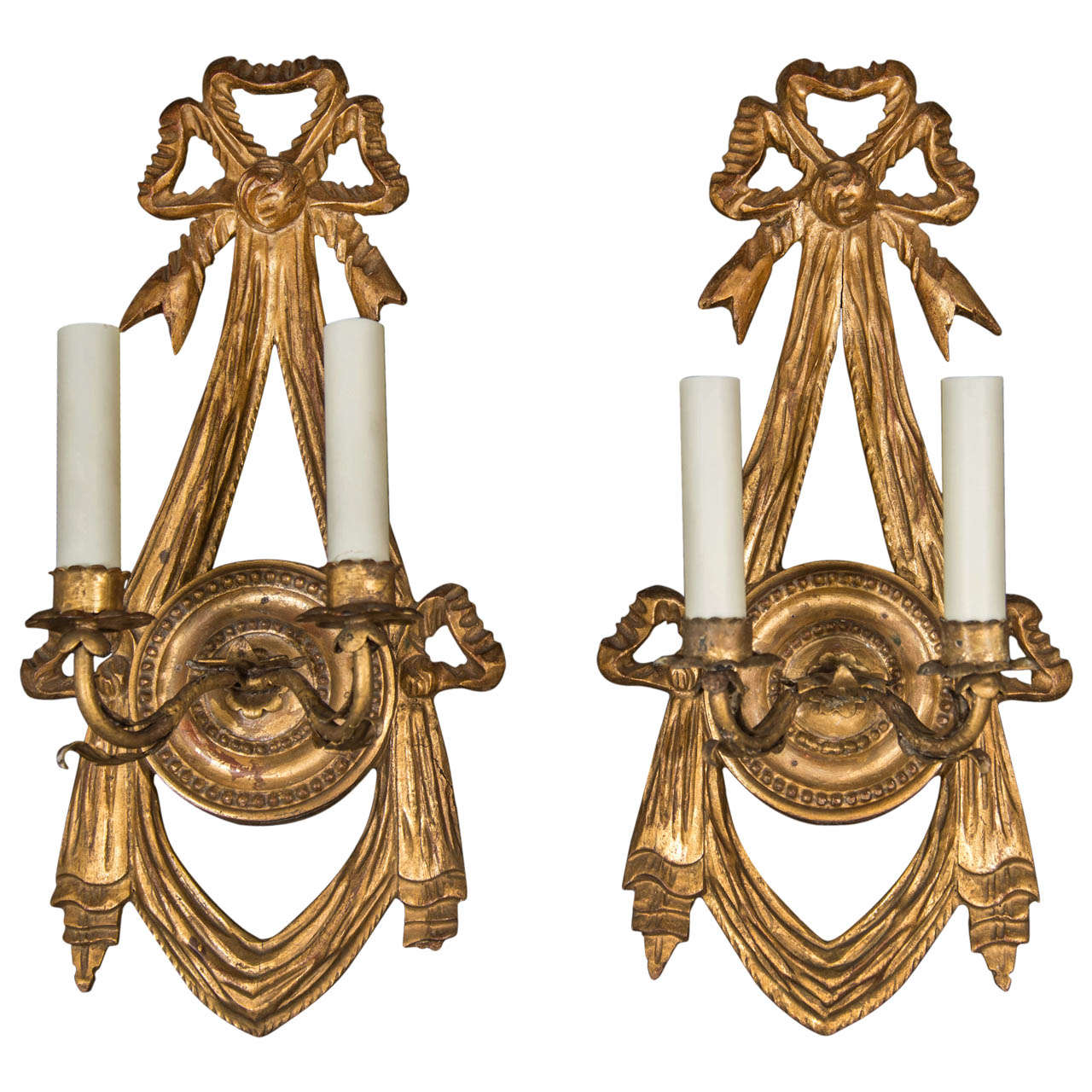 Giltwood And Gesso Two Light Sconces With Bows And Tassel Motif For Sale