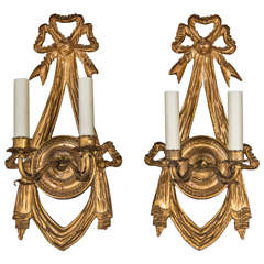 Giltwood And Gesso Two Light Sconces With Bows And Tassel Motif