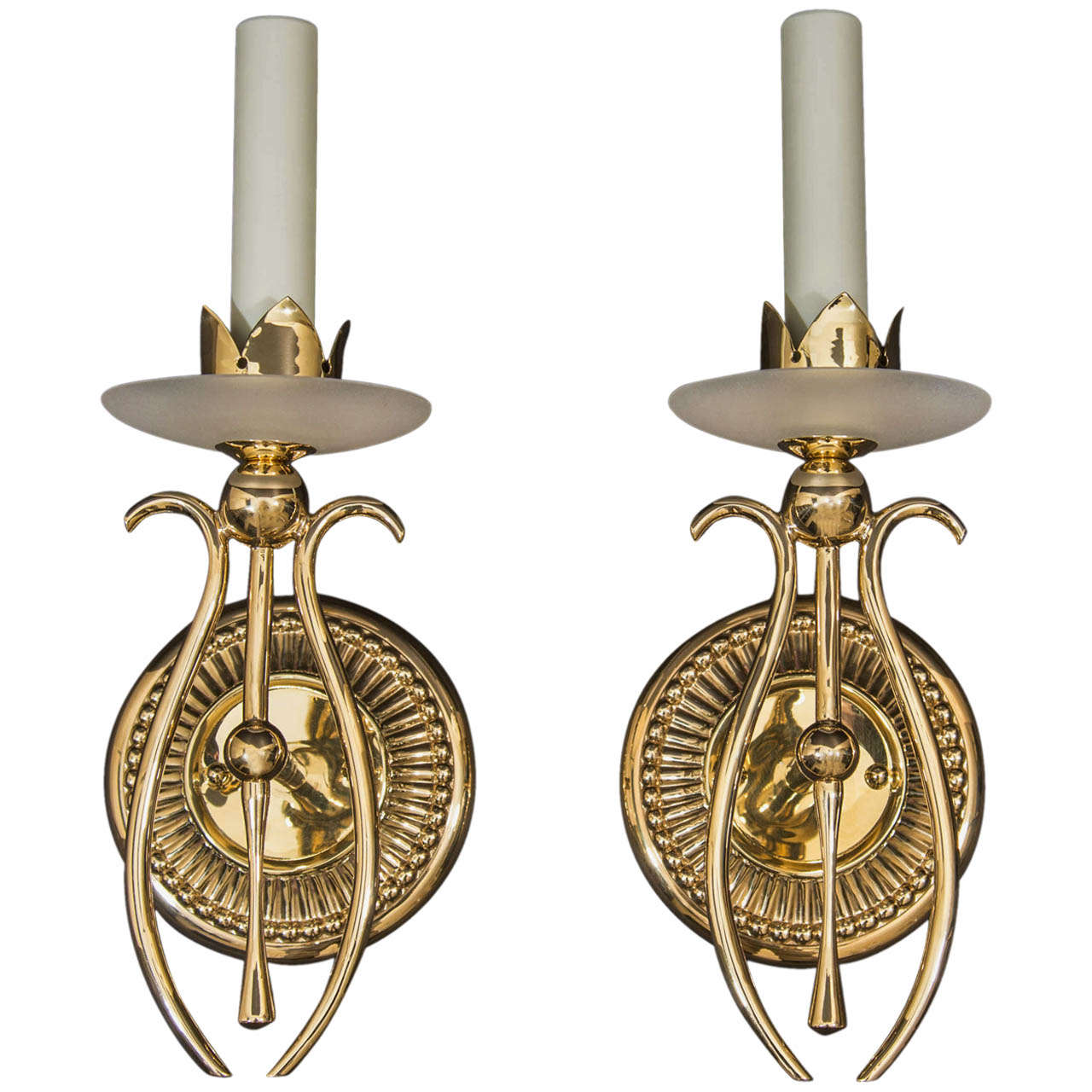 Mid Century Polished Brass One Light Sconces For Sale