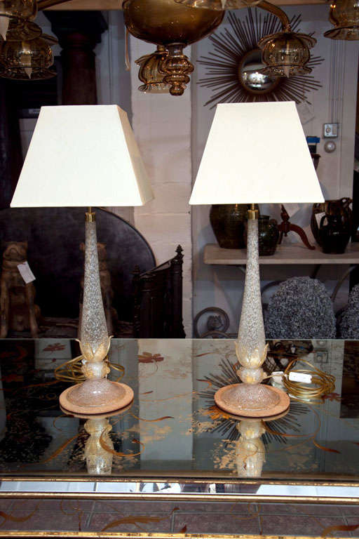 Pair of Murano gold flecked table lamps with shades