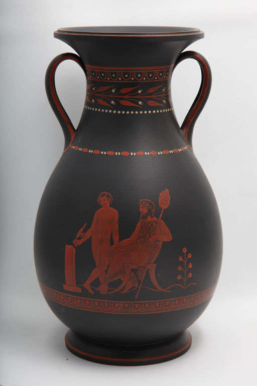 A rare Wedgwood two handled basalt vase with encaustic decoration of classical figures, upper case mark