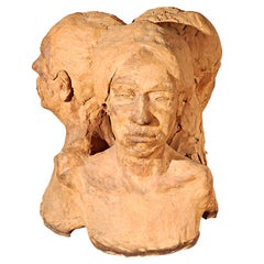 1971 Terracotta Three Heads Sculpture Signed Maynard