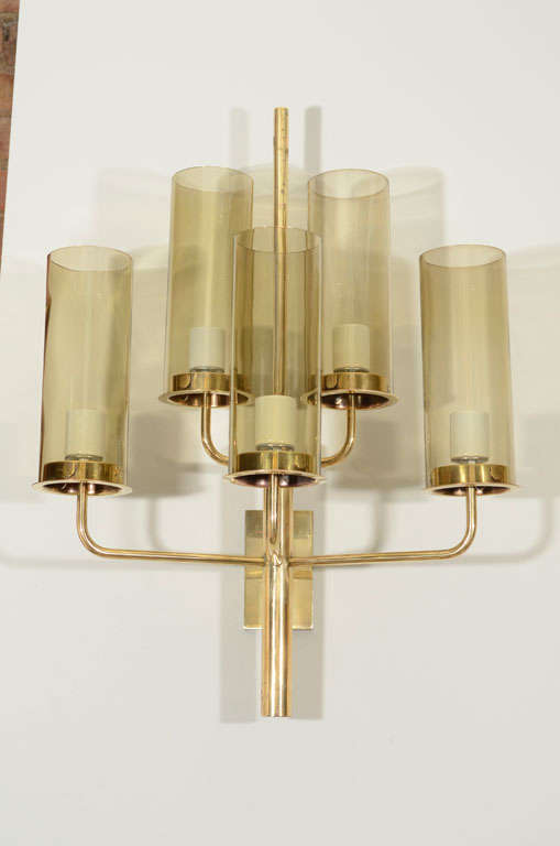 Large and impressive five-arm sconces with glass diffusers by H.A. Jakobsson for Marakyavid. the socket covers were not present for the pictures but come with the sconces.