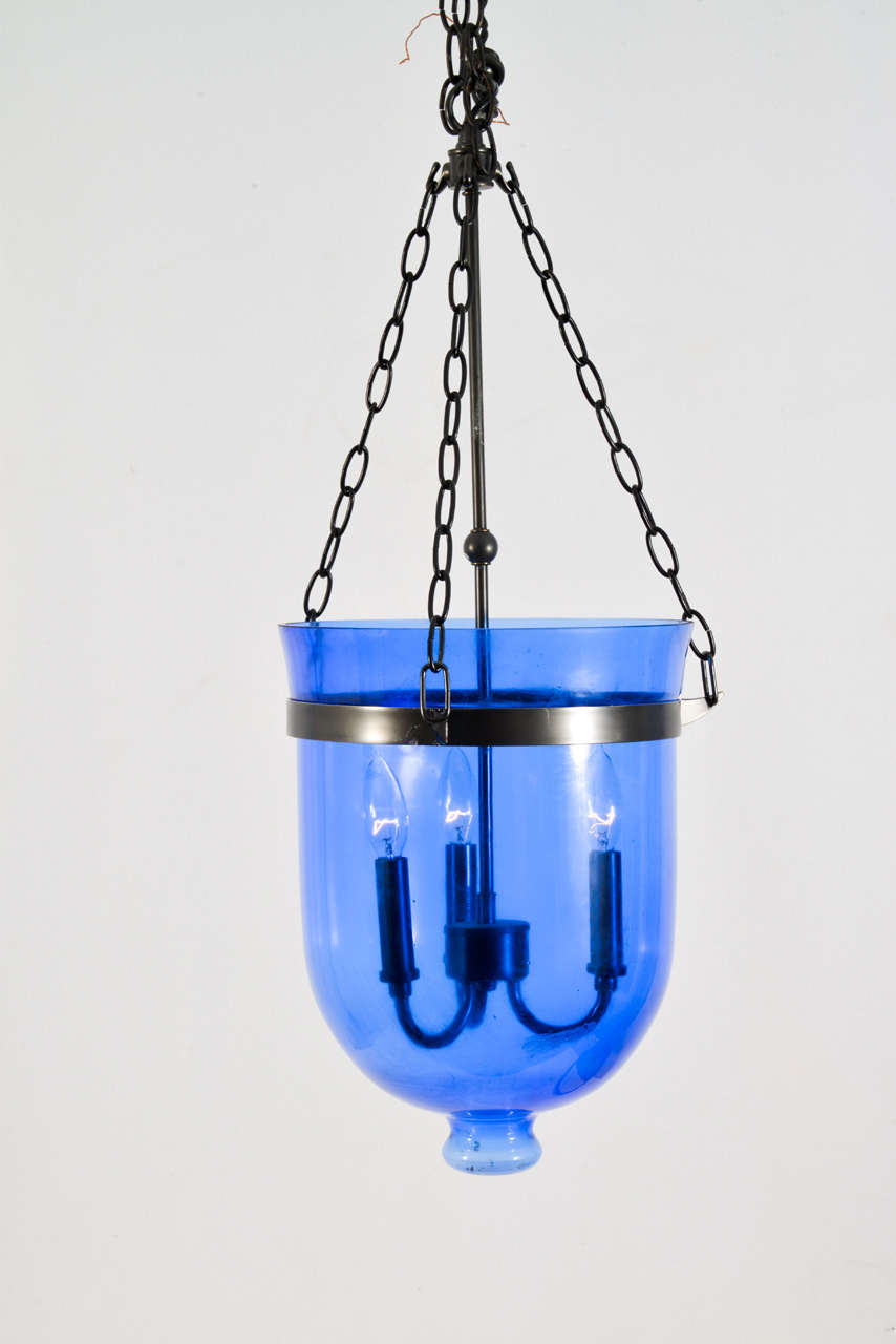 1940 S Blue Glass Bell Jar Fixture At 1stdibs 1950 S Blue Glass Bell Jar Lantern Bronze Hardware With Three Light Candle Cer Suspended