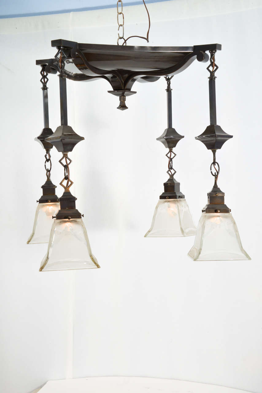 American Colonial four-light, flush mount, pendant type fixture designed for an early 1900s parlor or music room with very high ceilings. Presently is 22