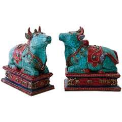 Pair of Sacred Bull Sculptures Inlaid with Coral, Turquoise and Lapis