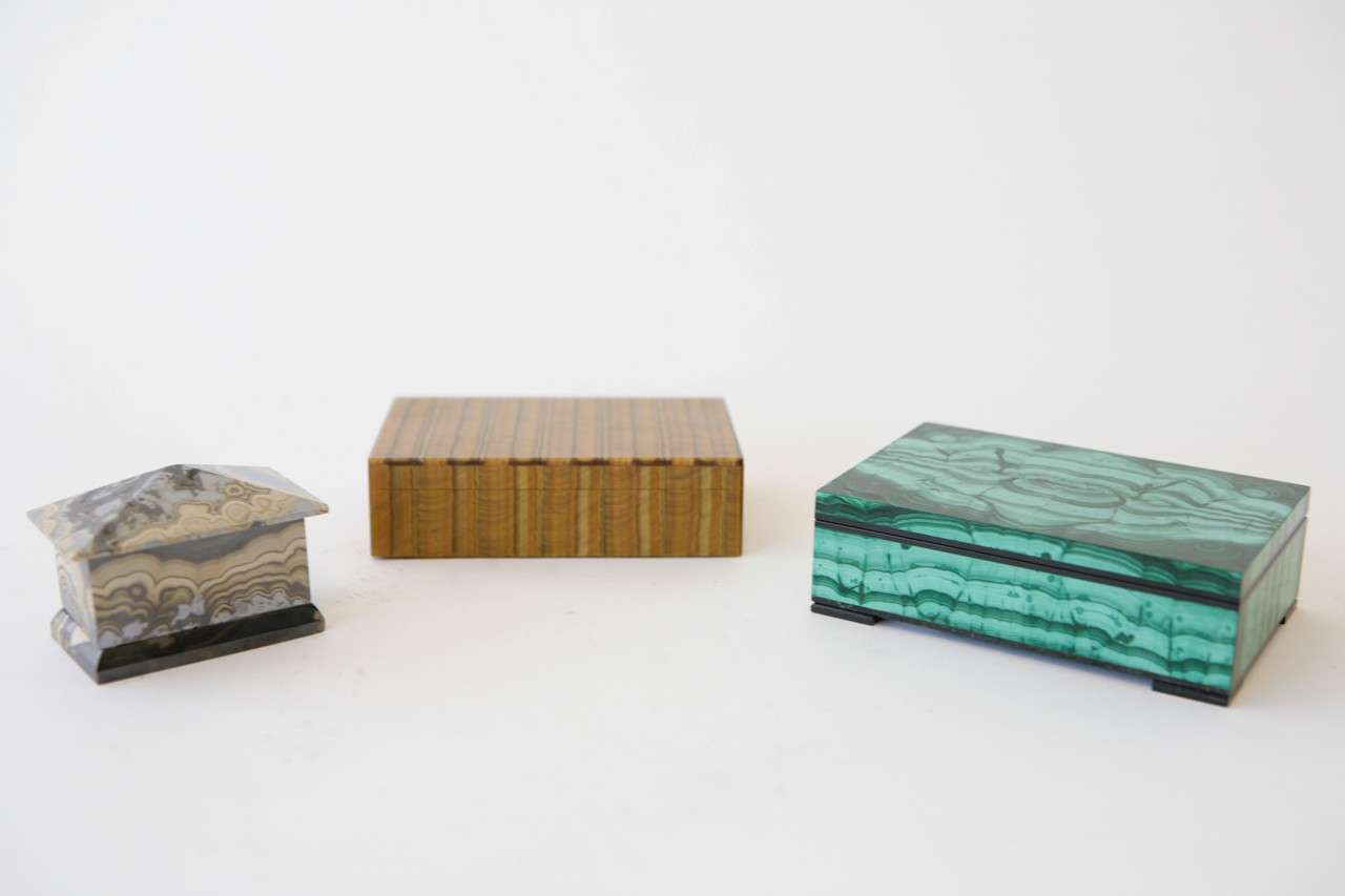 A stunning duo of natural stone boxes in tigers eye and mixed geode with striations of jasper and pyrite. The stone on both boxes is beautifully matched. They can be purchased individually. Dimensions given below are for the tigers eye box, which is