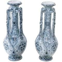 Pair of Tall Handled Faience Vases
