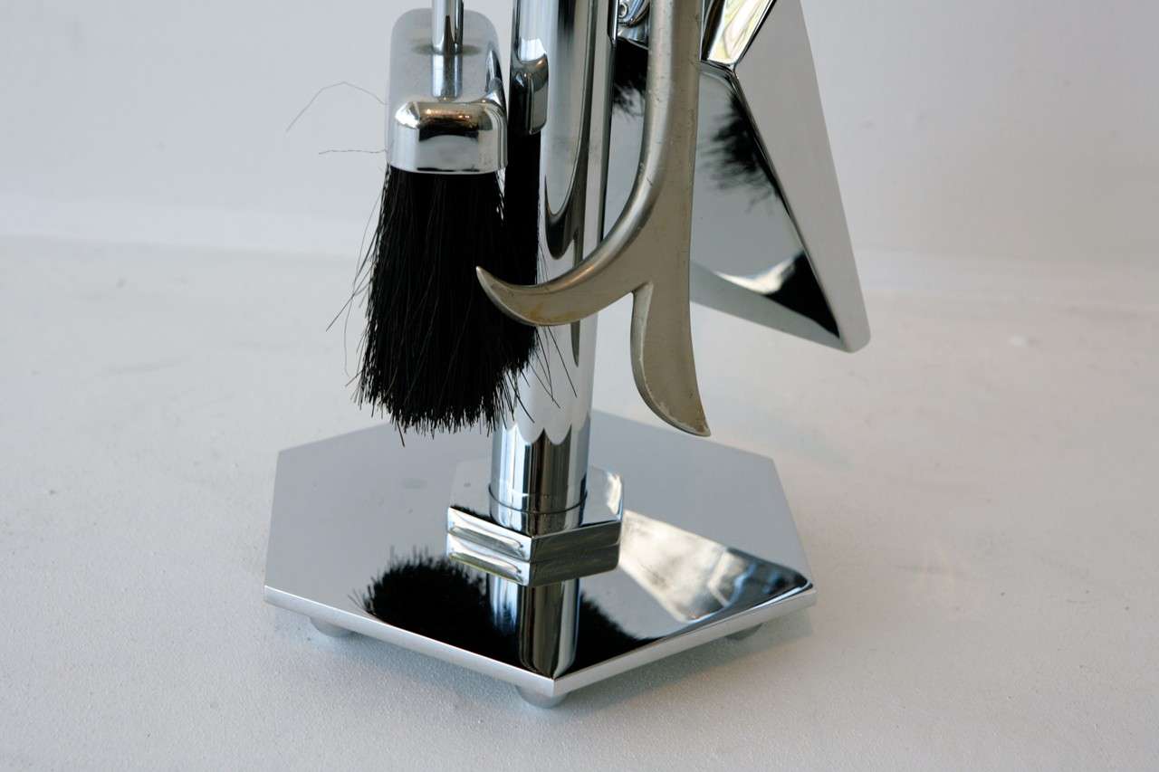 French Modern Chrome Fire Tools by Maison Charles For Sale