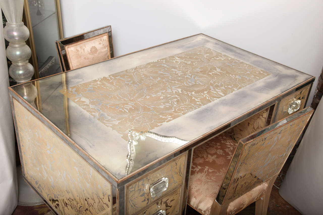 Extraordinary Eglomise Mirrored Partners Desk/Vanity With Chairs 3