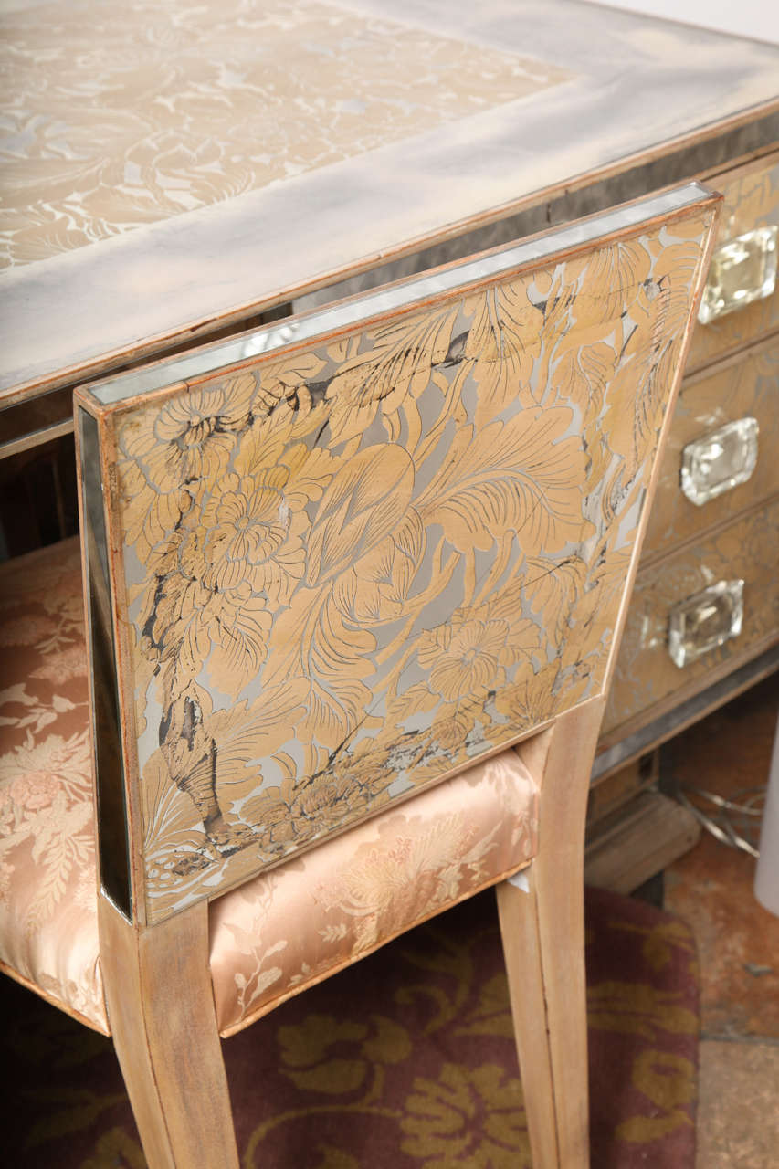 Extraordinary Eglomise Mirrored Partners Desk/Vanity With Chairs In Excellent Condition In New York, NY
