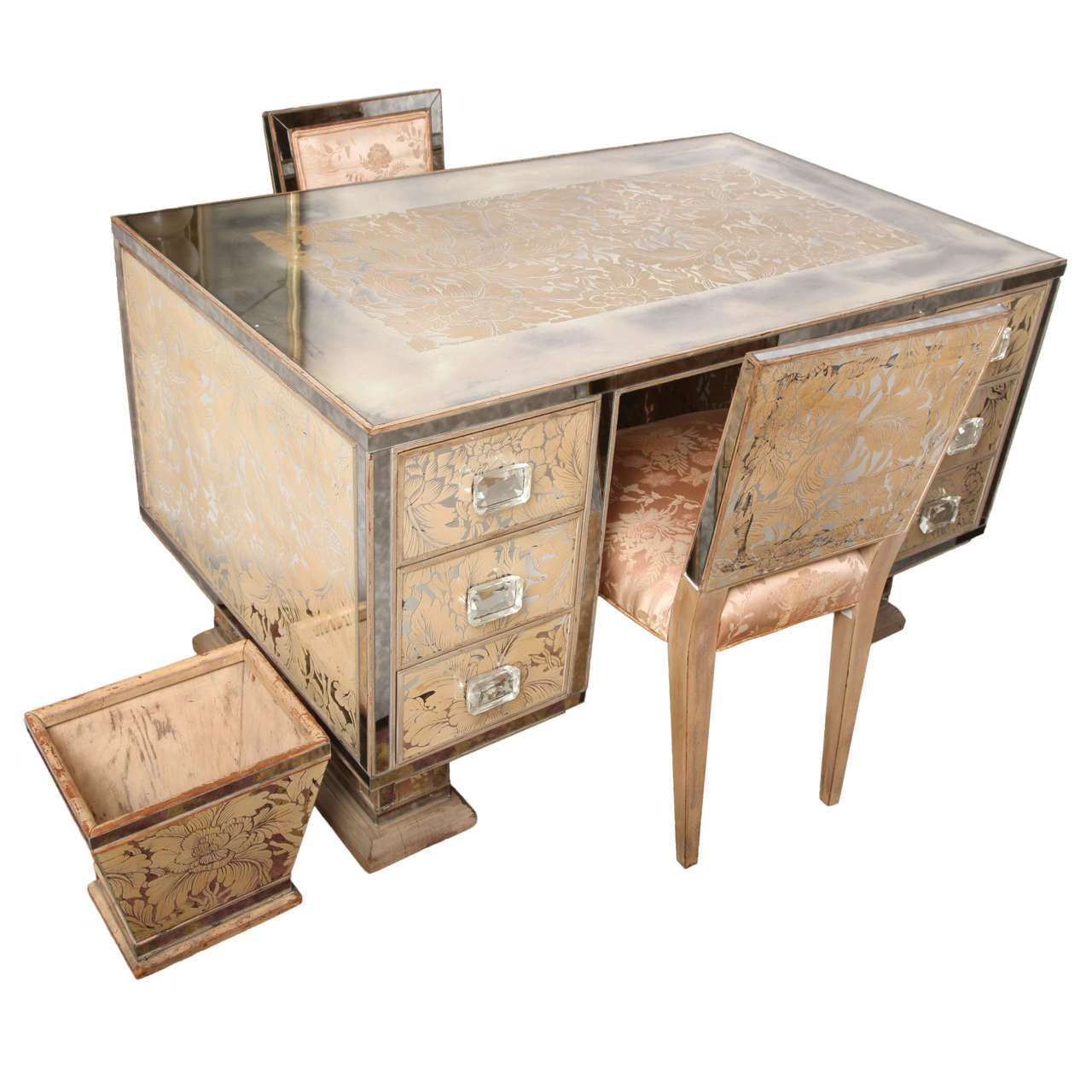 Extraordinary Eglomise Mirrored Partners Desk/Vanity With Chairs