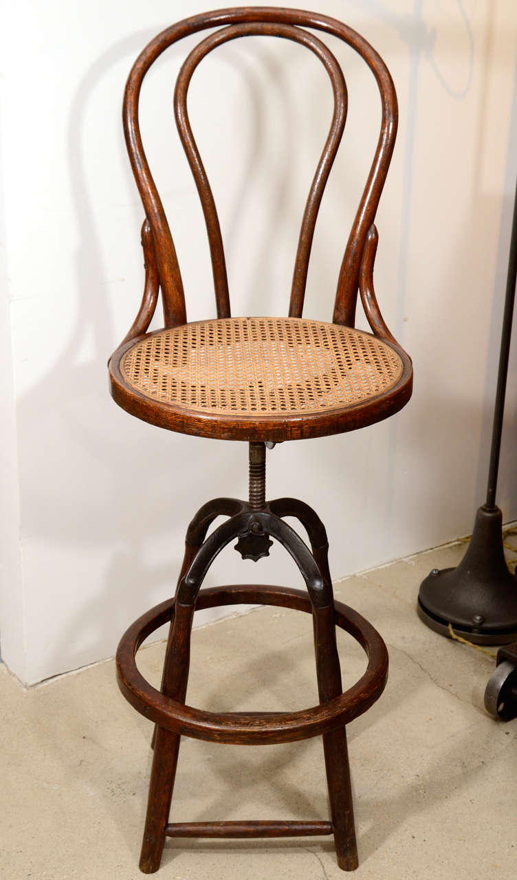 Vintage Industrial, Adjustable Wood & Cane Seat Stool