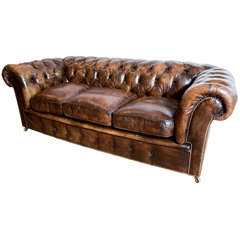 1920's English Upholstered Leather Chesterfield Sofa
