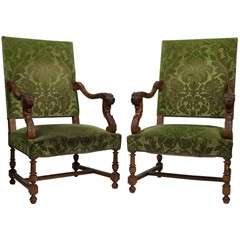 Vintage Charles II Style Pair of Dark Walnut Arm Chairs 