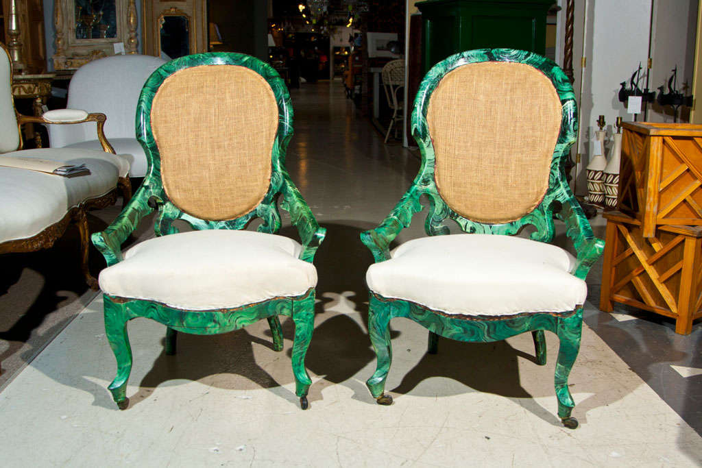 PAIR c1860 French Occasional Chairs in Faux Malachite painted decoration (done around 1950)