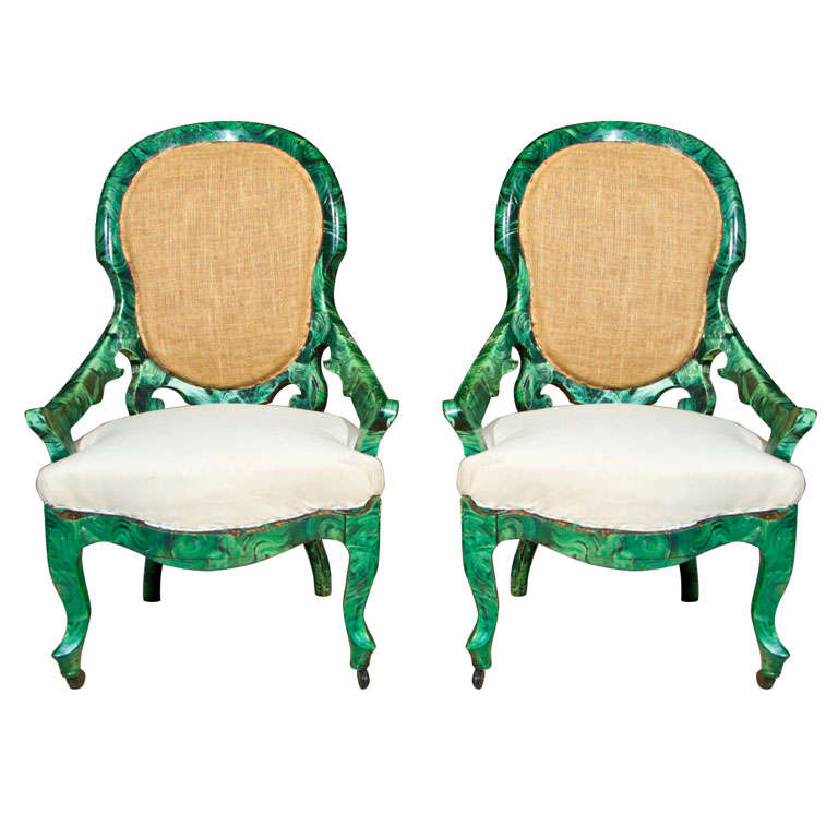 PAIR c1860 French Occasional Chairs in Faux Malachite