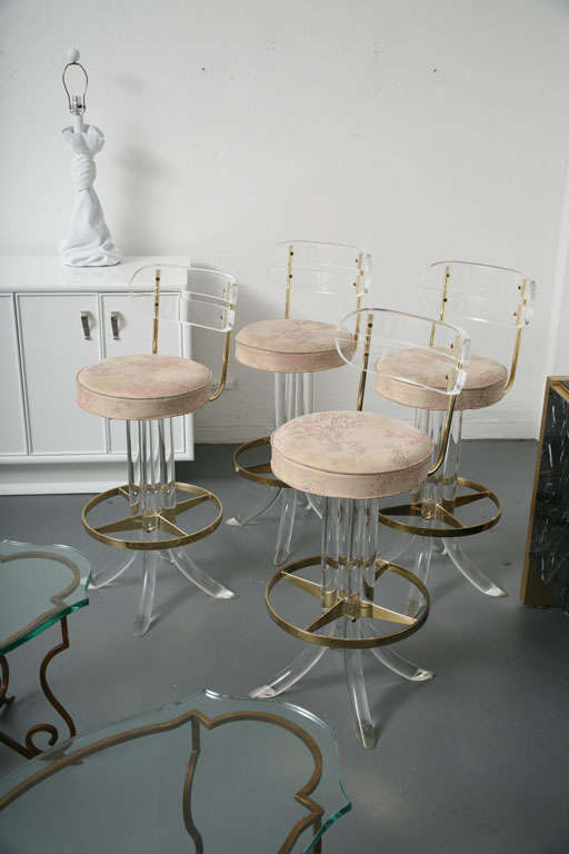 Four Lucite and Brass Swivel Bar Stools at 1stdibs