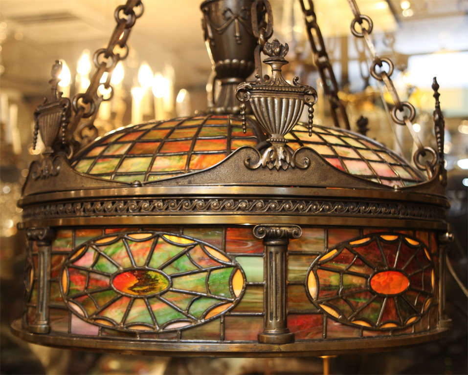 Fine Quality Tiffany Style Bronze and Stained Glass Chandelier 2